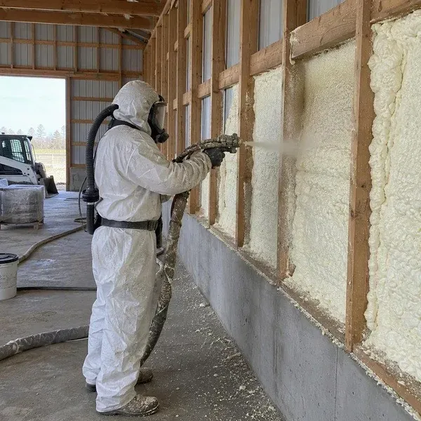 Installer spraying foam on the walls of a farm storage building