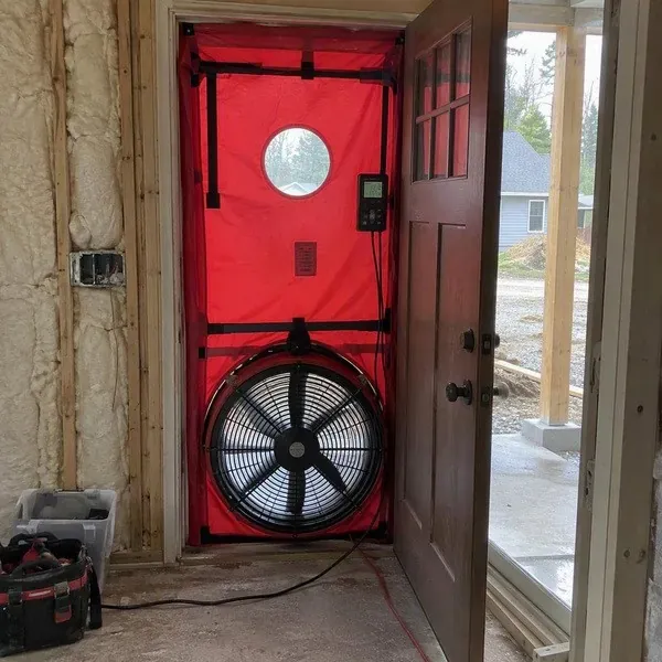 Blower door test set up in a front doorway during a home energy audit
