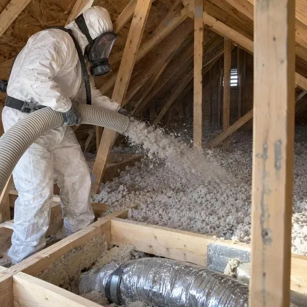 Worker blowing loose fill insulation into attic floor bays