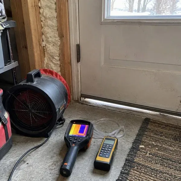 Thermal camera and meters beside a drafty door during an energy audit