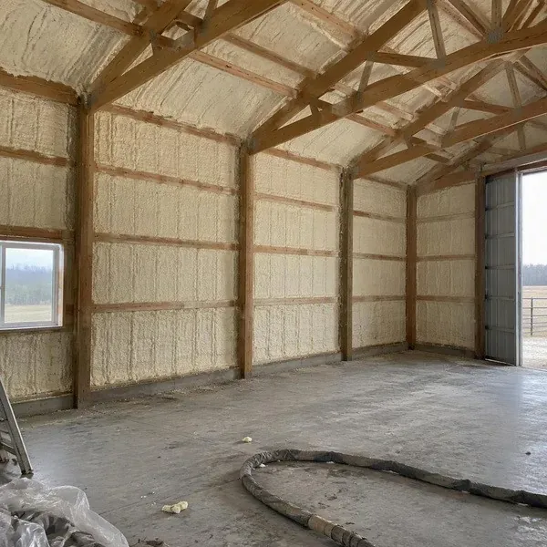 Spray foam lining an empty farm equipment shed