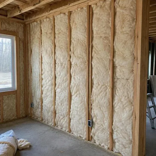 Fiberglass batts filling exterior wall cavities
