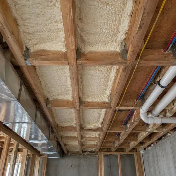 Floor joists prepared for spray foam insulation between floors