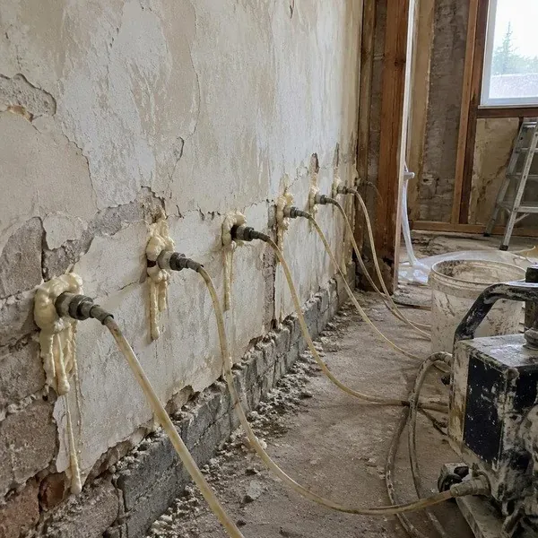 Plaster wall drilled with evenly spaced holes for injection foam