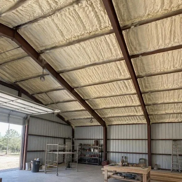 Spray foam insulated metal workshop roof over steel beams