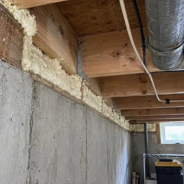 Foam sealant closing gaps along a basement rim joist