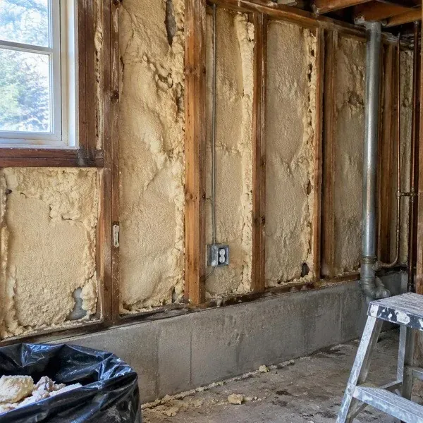 Opened wall cavities exposing old UFFI before removal